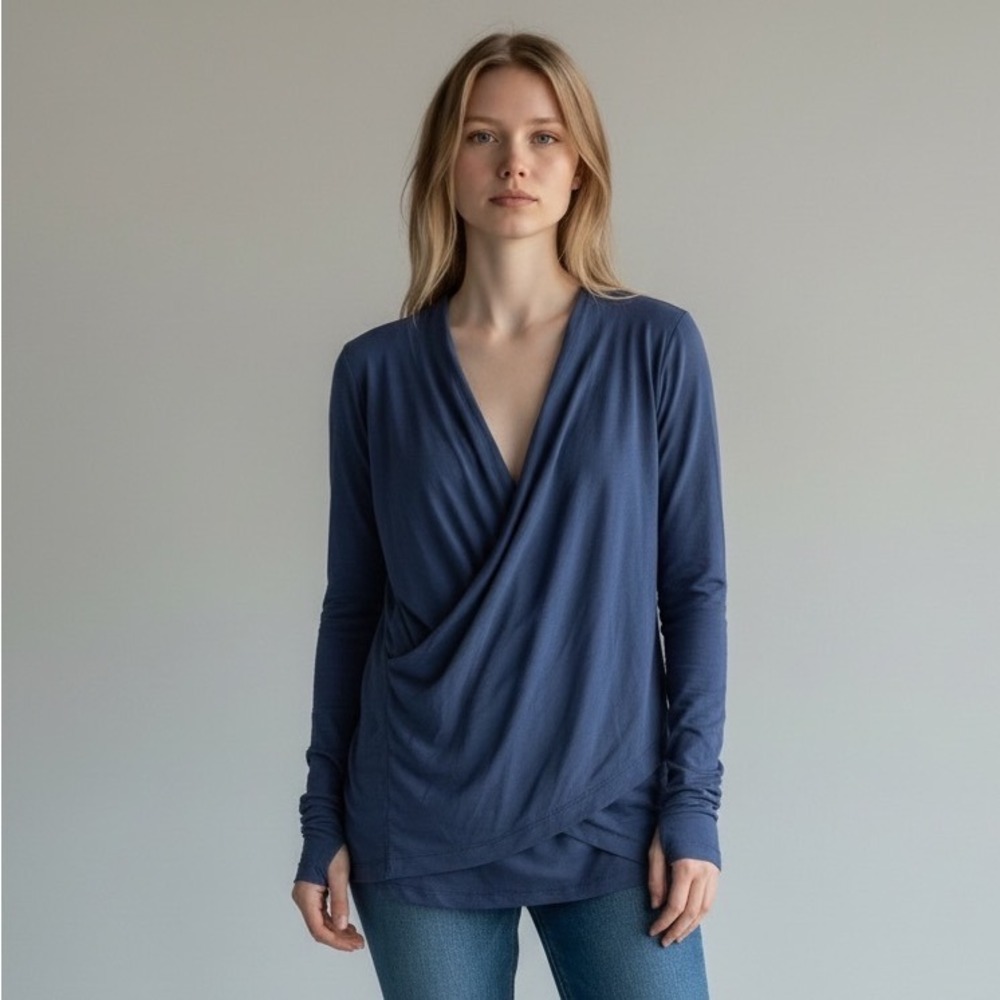 Anthropologie Dolan Left Coast Collection Navy Draped Faux Wrap LS Top‎ M USA